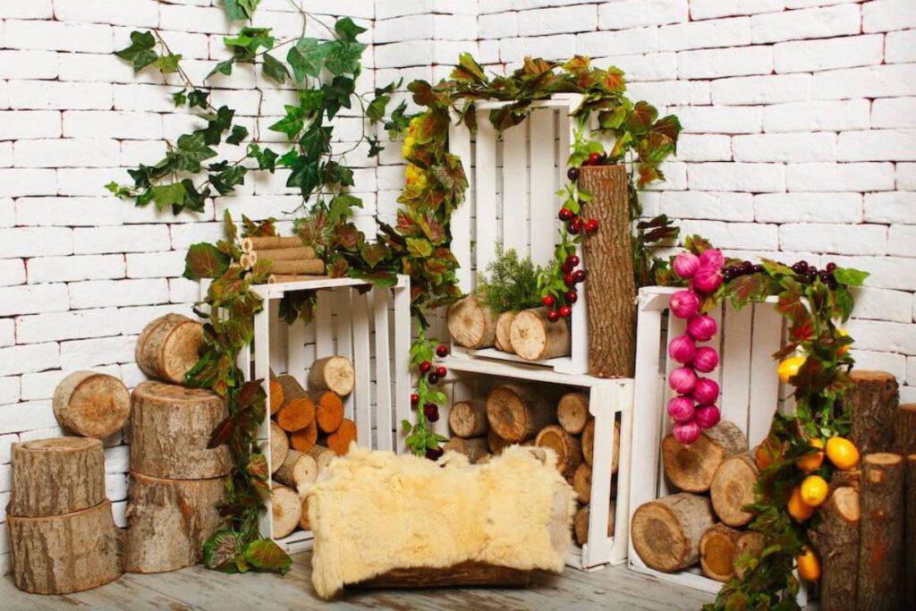 Cozy display of wooden logs and crates adorned with vibrant foliage.
