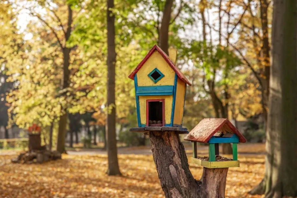 Colorful birdhouses are perched on a tree branch amid golden autumn leaves.