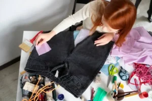 A girl with red hair is crafting, placing a purple patch on black jeans.