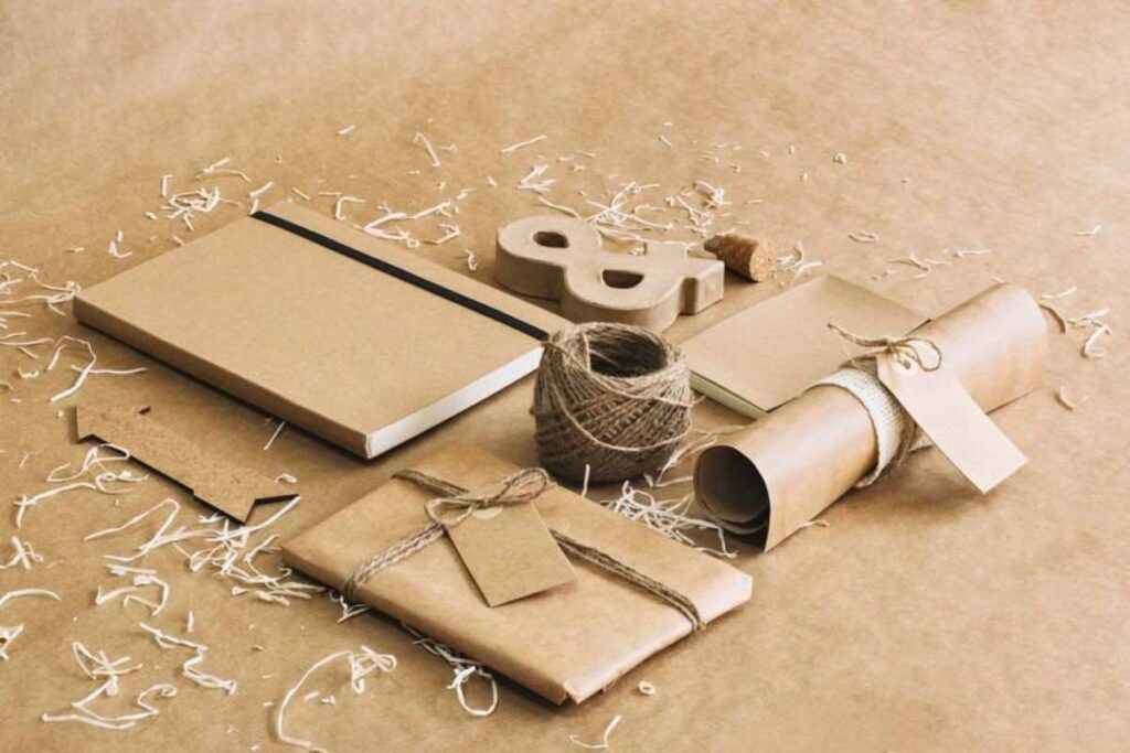 A flat lay of assorted kraft paper items.